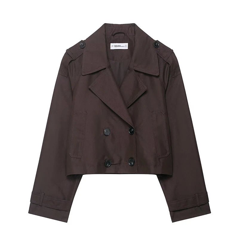 Women's Fashion Double Breasted Short Trench Coat Turn-down Collar Long Sleeve Coats Vintage Female Outerwear Chic Tops
