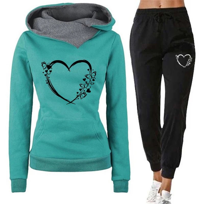 Butterfly Heart Printed Hoodies Sweatpants 2025 Autumn Winter Women's Fashion Tracksuit Home Outdoor Casual Warm Hooded Outfits