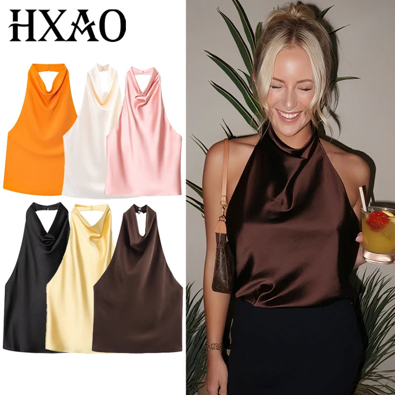 HXAO haut femmes licou Satin haut pour femme dos nu haut Corset gilet jaune rose noir été élégant Sexy hauts débardeur robes