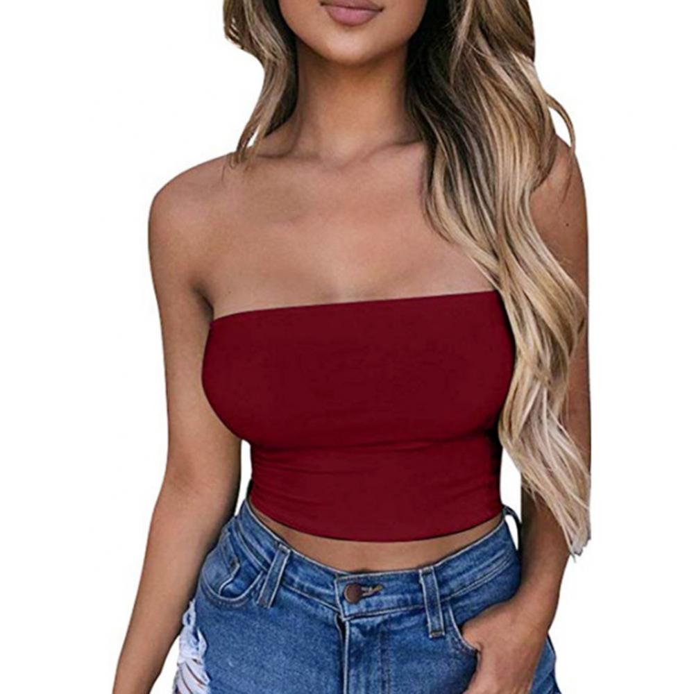 Club Bar Women Sexy Solid Color Vest Strapless Cropped Mini Bustier Slim Elastic Tube Top