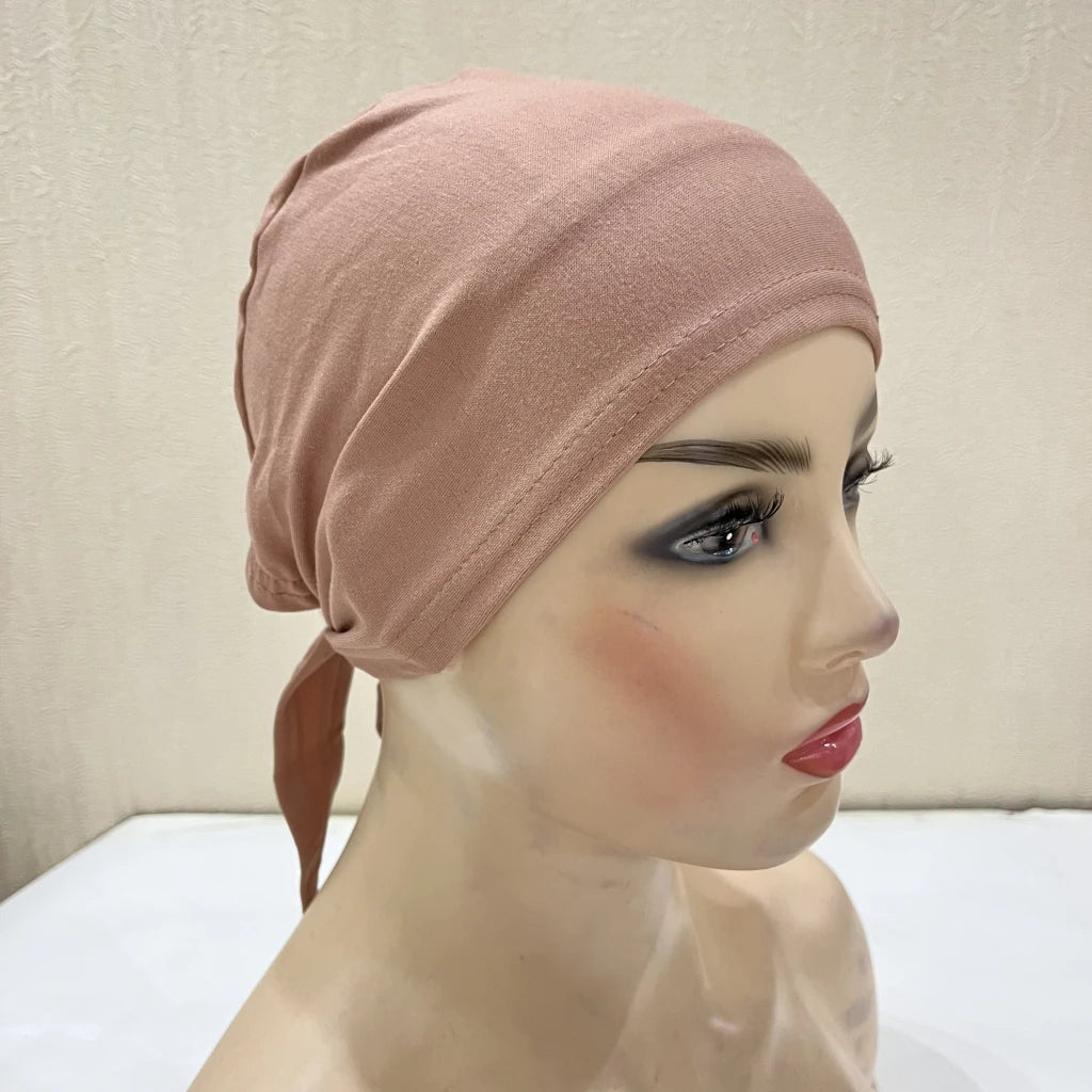 H048 Plain Cotton tie back hats Muslim Turban Pure Color Stretch Inner Hijabs underscarf Women Head Scarf Under Hijab Bonnet