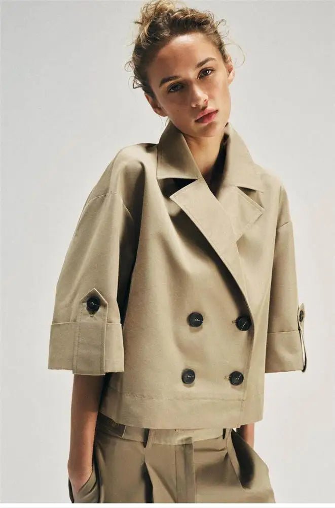 Short A-Line Windbreaker with Cuffed Sleeves Double-Breasted Closure Back Elastic Band Detail Polyester Cotton Blend ...