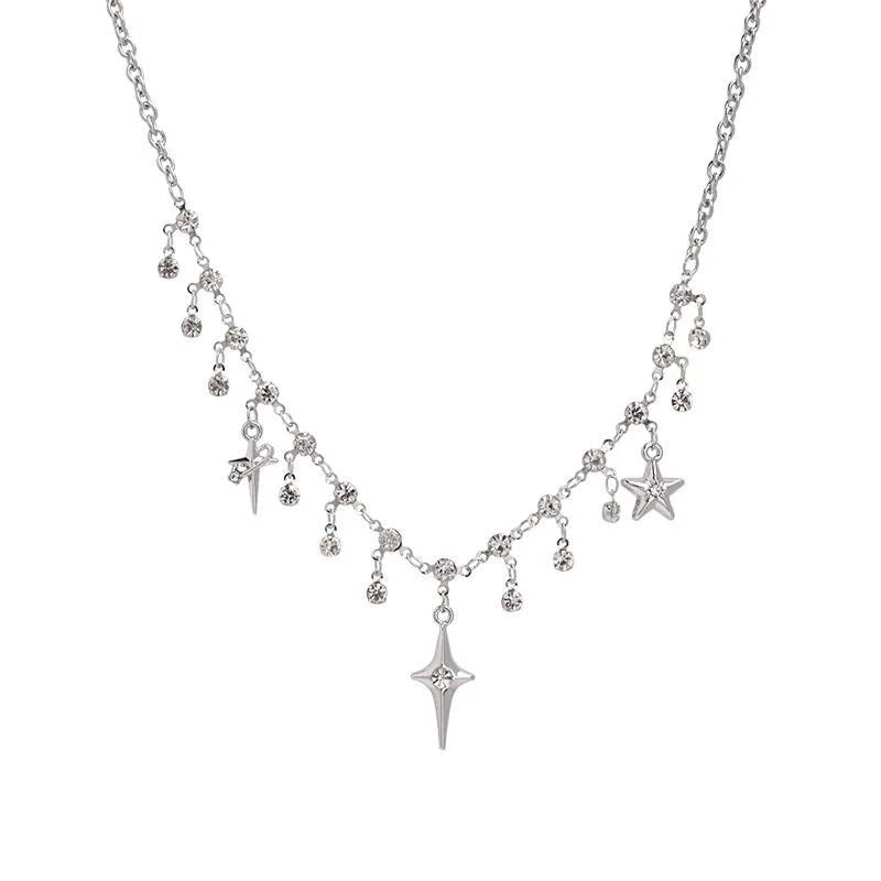 Collier Pendentif Croix Cristal Zircon & Franges – Bijou Chaîne Clavicule Y2K Femme