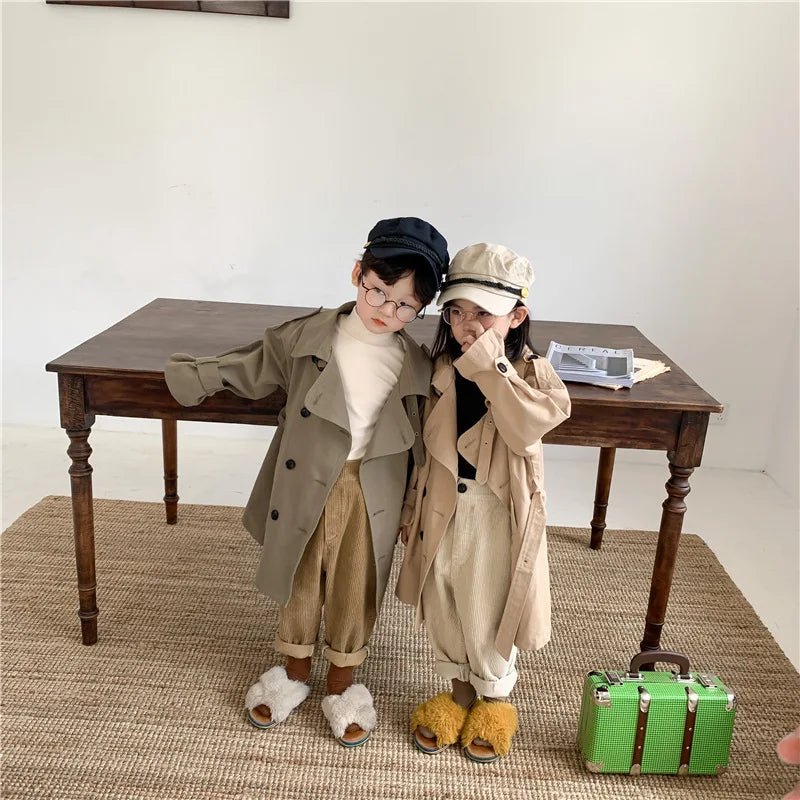 2025 Spring Children's Trench Coat Jacket Long Trench Coat Lapel