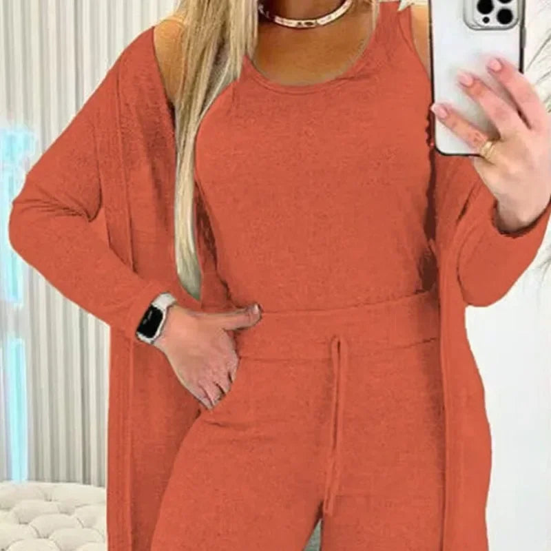 Ensemble trois pièces pour femmes, Cardigan, haut et pantalon, couleur unie, Simple, mode voyage, rue, été 2024