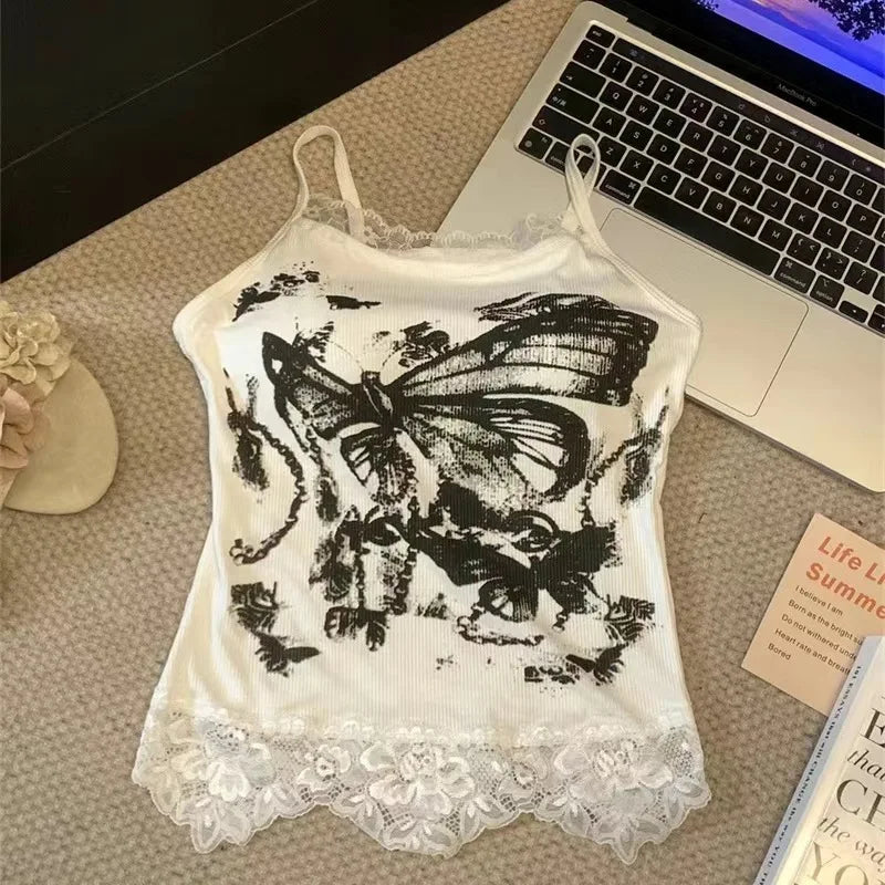 Leopard Lace Patchwork Sexy Camis Summer Y2k Beach Style Elegant Bodycon Korean Fashion Clothing 2000s American Vintage Tanks