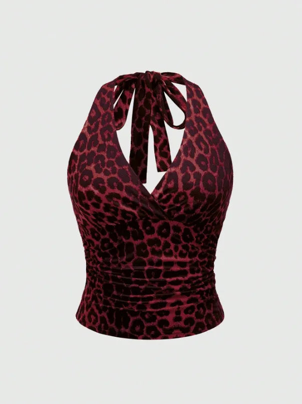 Top sans manches décontracté pour femmes, imprimé léopard rétro, dos nu, col halter, sexy, dos nu, à lacets, Ropa Para Mujer