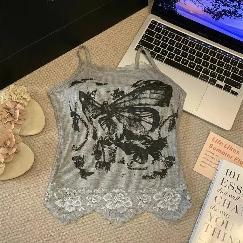 Leopard Lace Patchwork Sexy Camis Summer Y2k Beach Style Elegant Bodycon Korean Fashion Clothing 2000s American Vintage Tanks
