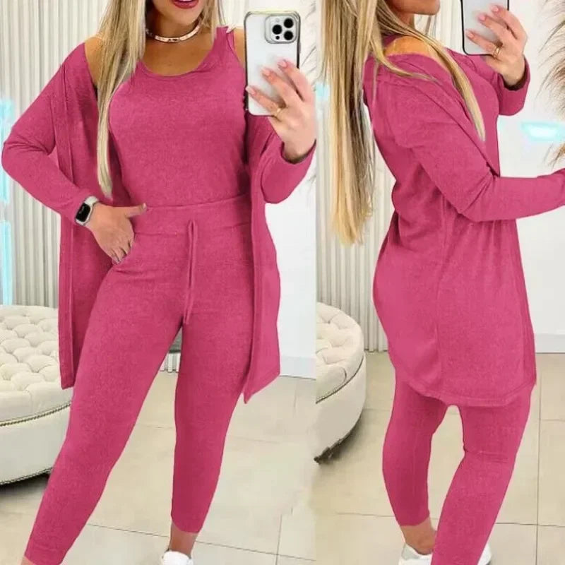 Ensemble trois pièces pour femmes, Cardigan, haut et pantalon, couleur unie, Simple, mode voyage, rue, été 2024