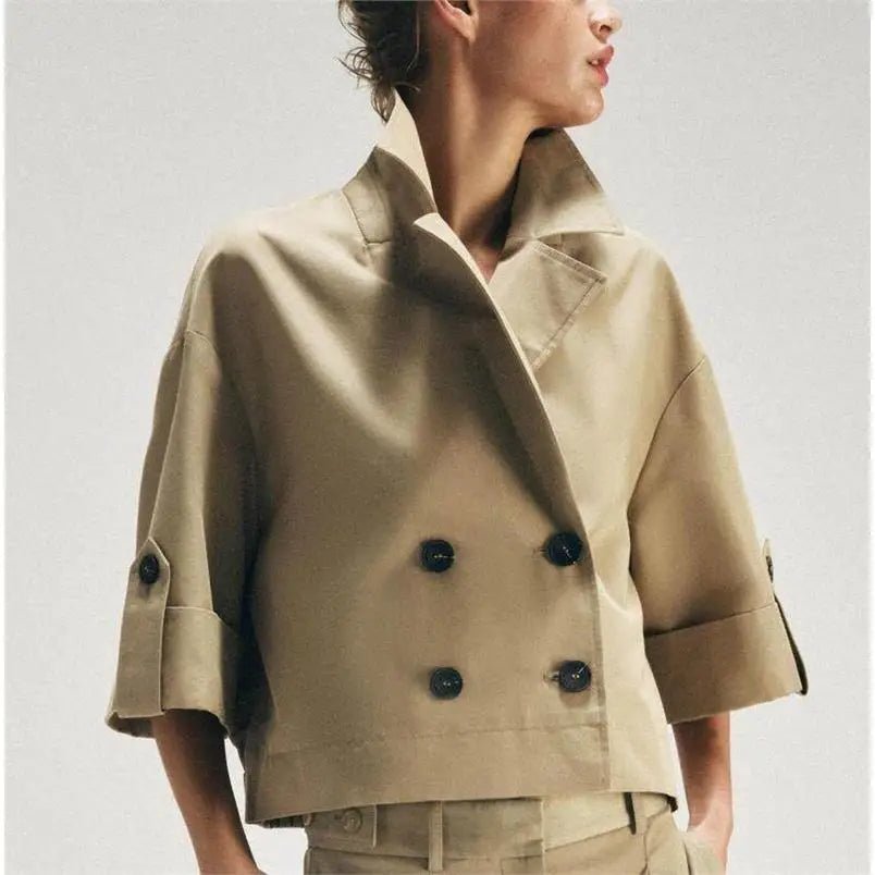 Short A-Line Windbreaker with Cuffed Sleeves Double-Breasted Closure Back Elastic Band Detail Polyester Cotton Blend ...