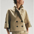 Short A-Line Windbreaker with Cuffed Sleeves Double-Breasted Closure Back Elastic Band Detail Polyester Cotton Blend ...