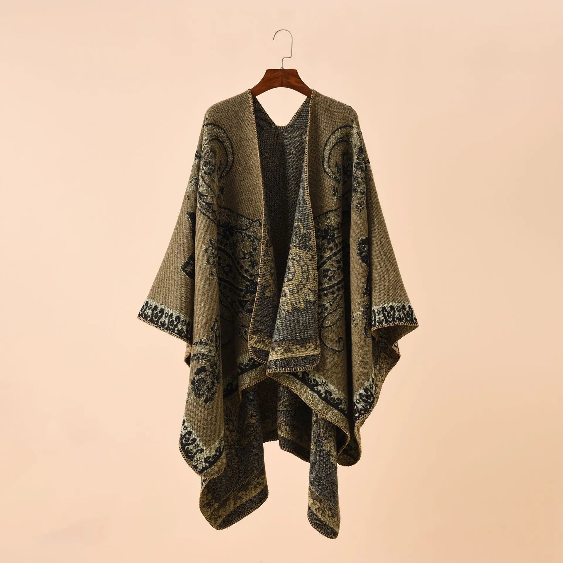 2025 Autumn Winter New Street Geometric Lattice Flower Pattern Imitation Cashmere Warm Shawl Cloak Women Poncho Capes Red