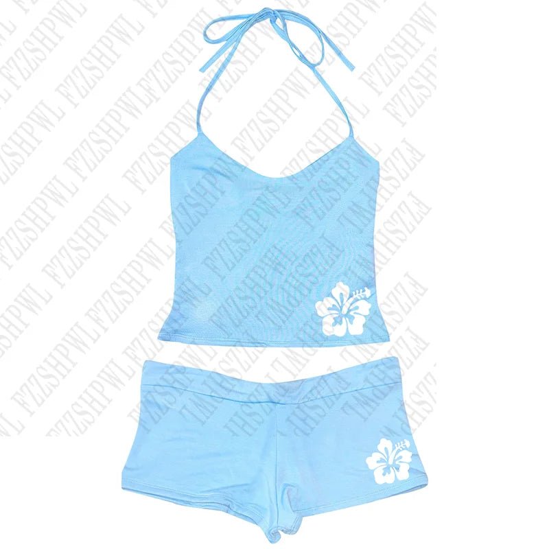 Y2K Women's Set Flower Print Sleeveless Halter Tank Top and Shorts Suit Summer Hot Girls Beach Style INS Two 2 Piece Set Outfit