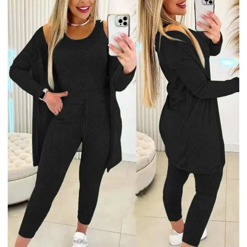 Ensemble trois pièces pour femmes, Cardigan, haut et pantalon, couleur unie, Simple, mode voyage, rue, été 2024