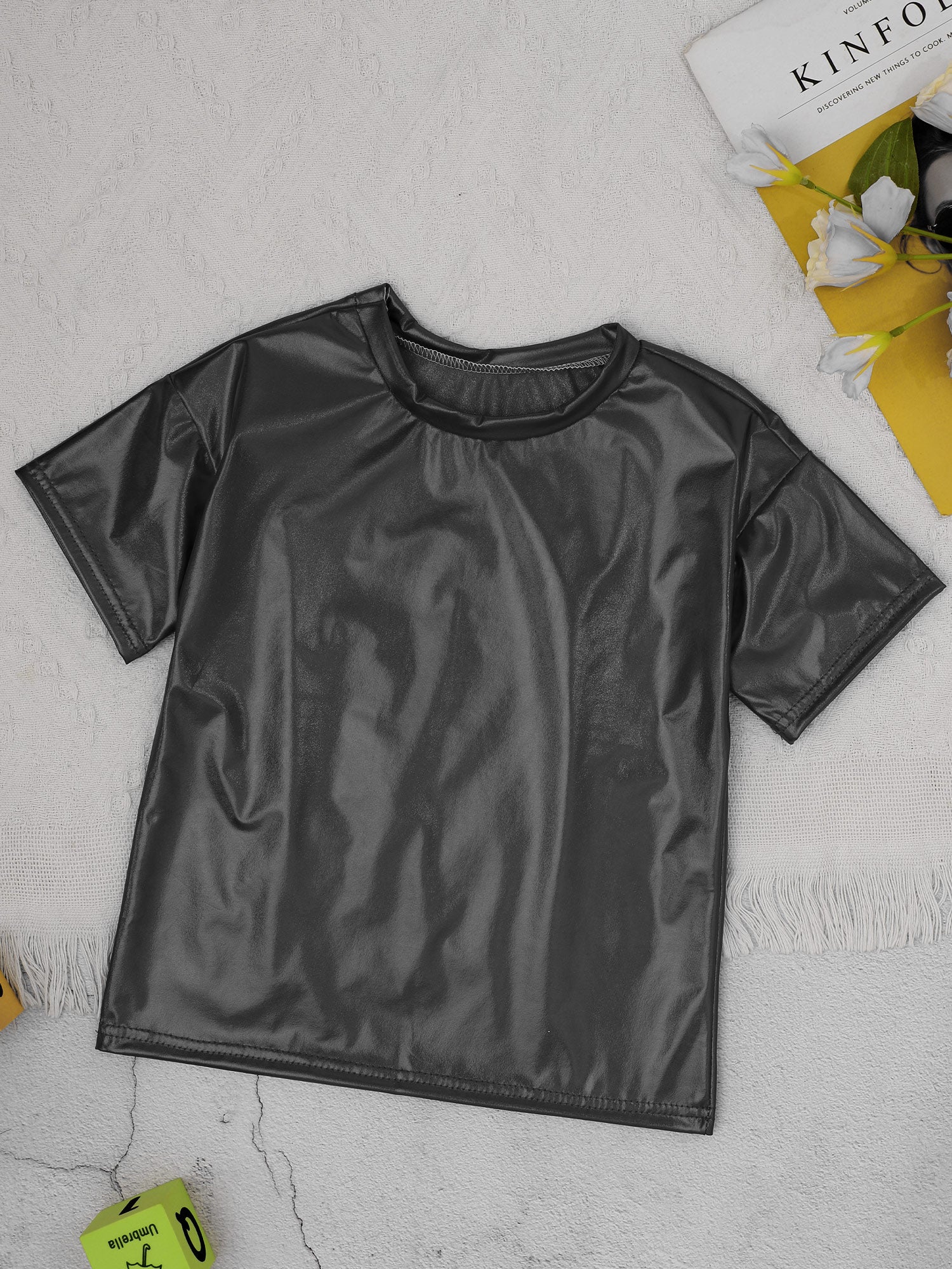 Children T-Shirt Shiny Metallic Short Sleeve Clothes Girl Boys Kids T-Shirt Hip Hop Jazz Dance Costume Top Performance Dancewear