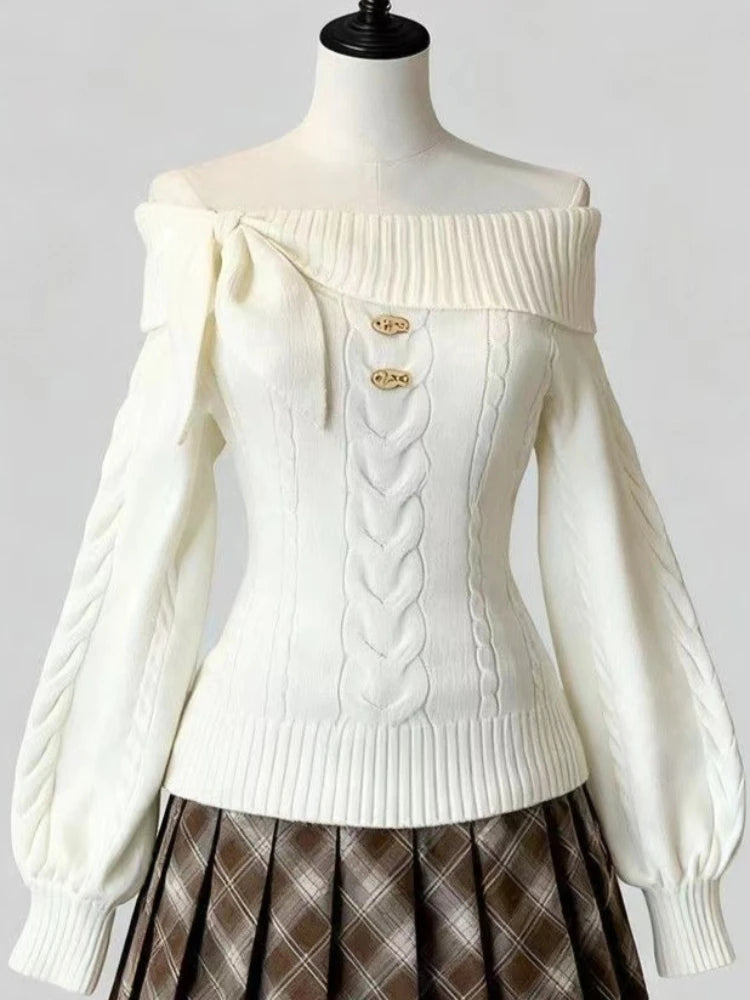 Pull Épaules Dénudées Nœud Femme – Tricot Y2K Sexy & Élégant Automne Hiver