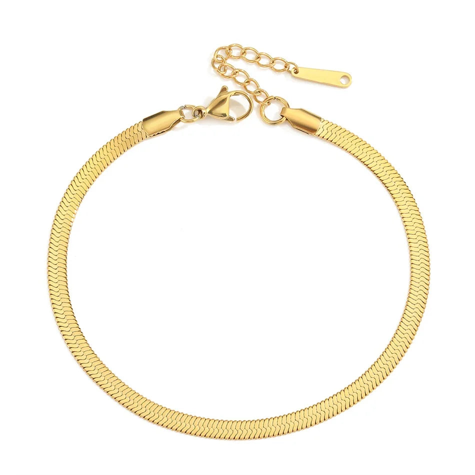 eManco Stainless Steel Flat Snake Chain Anklet 14K Gold Minimalist Ankle Bracelet Women Beach Daily Summer Jewelry Gifts