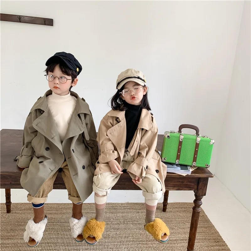 2025 Spring Children's Trench Coat Jacket Long Trench Coat Lapel