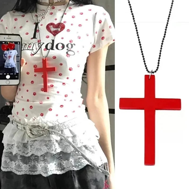 Collier Pendentif Croix en Bois Gothique & Punk – Style Y2K Vintage | Femme & Homme
