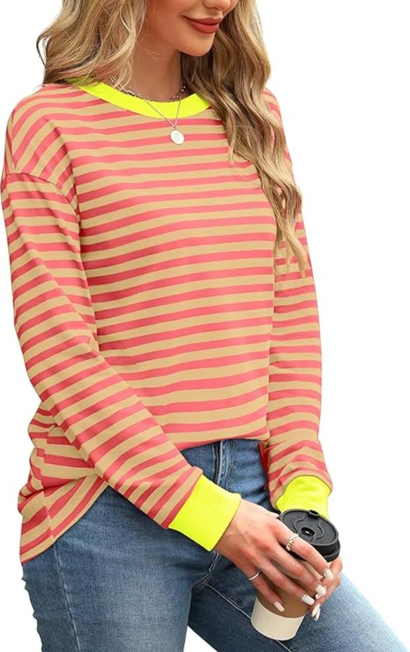 2025 Spring Women's Striped T-shirt Long Sleeve O-neck Color-blocking Fashion Top Versatile College Casual Street Tees