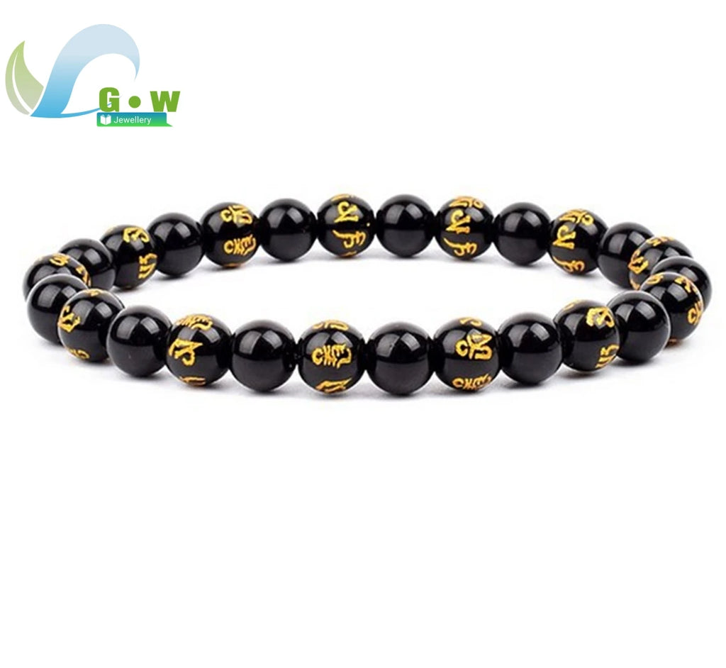 Lucky Natural Black Jade Carved Six-Character Motto Obsidian Transfer Bracelet For Men Women Gift Couple Bracelet Jewelry Gift