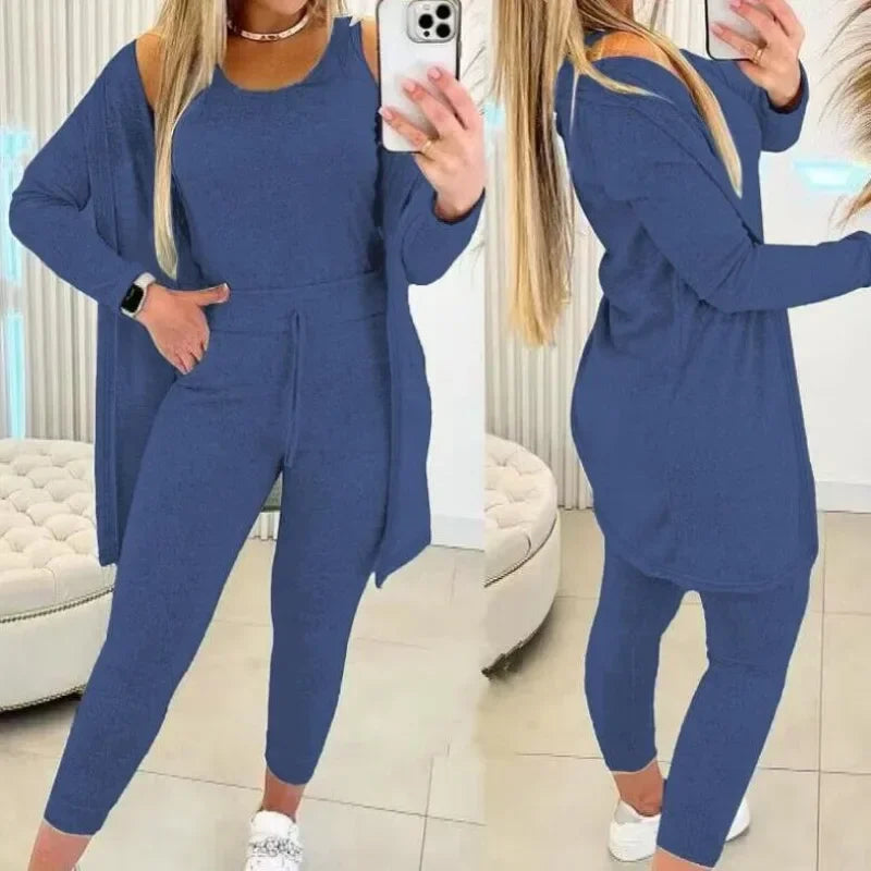 Ensemble trois pièces pour femmes, Cardigan, haut et pantalon, couleur unie, Simple, mode voyage, rue, été 2024