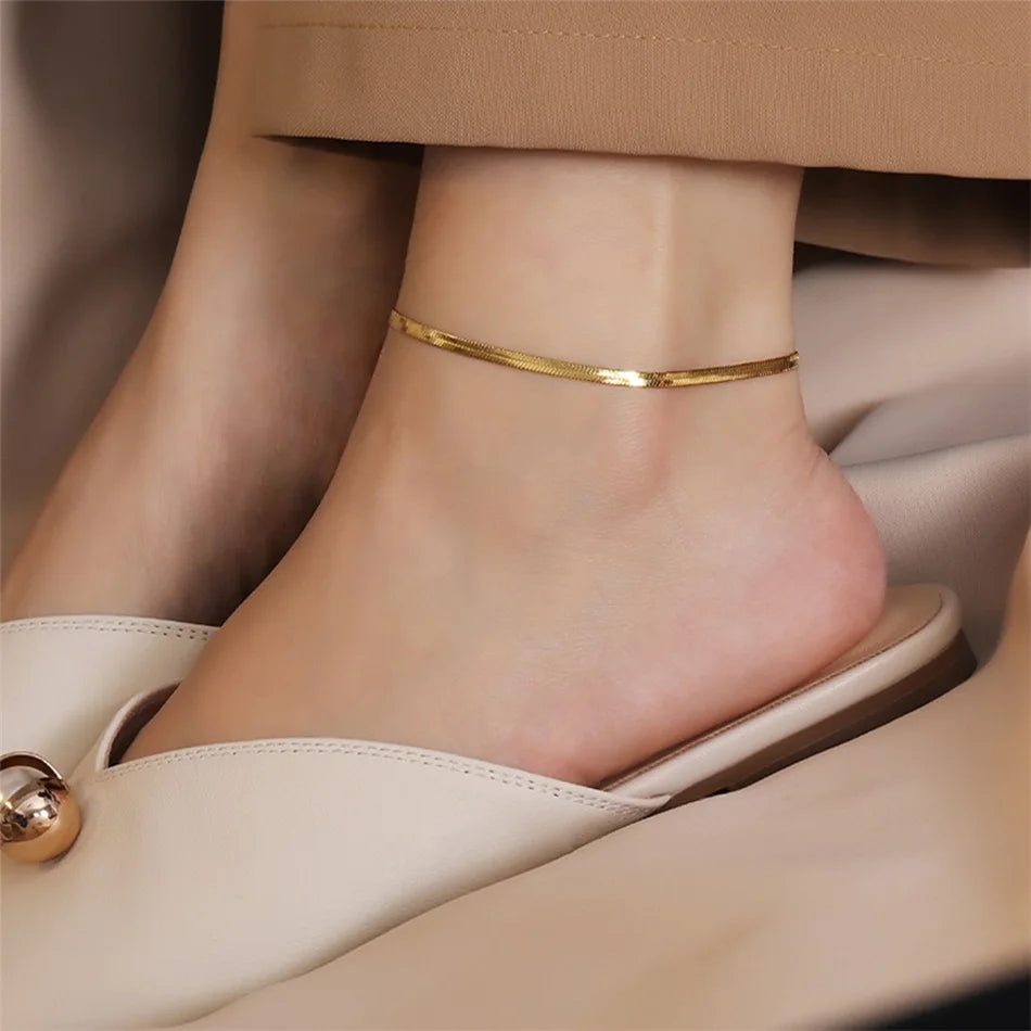 eManco Stainless Steel Flat Snake Chain Anklet 14K Gold Minimalist Ankle Bracelet Women Beach Daily Summer Jewelry Gifts