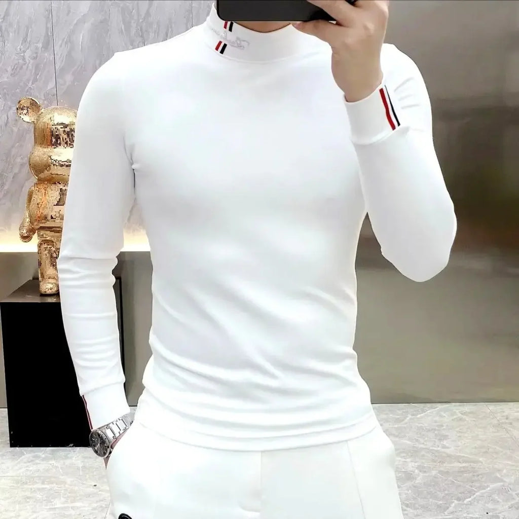 Autumn New Men Chic Thicken Thermal T-Shirts Half High Collar Bottoming Contrast Color Long Sleeve Elastic Slim All-match Tops