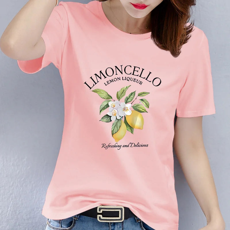 Europe and The United States Summer Short-sleeved Round Neck American Lemon Pattern Printed T-shirt Woman Graphic polyester