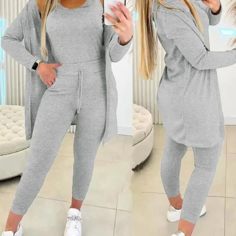 Ensemble trois pièces pour femmes, Cardigan, haut et pantalon, couleur unie, Simple, mode voyage, rue, été 2024