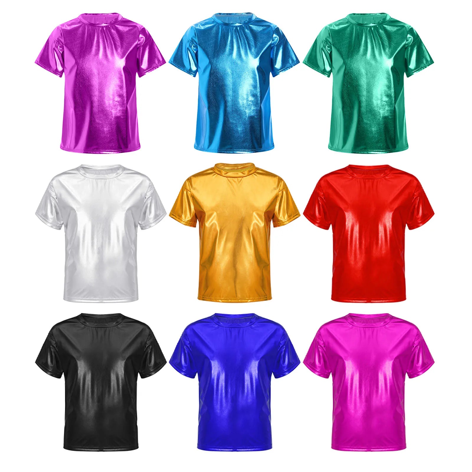 Children T-Shirt Shiny Metallic Short Sleeve Clothes Girl Boys Kids T-Shirt Hip Hop Jazz Dance Costume Top Performance Dancewear