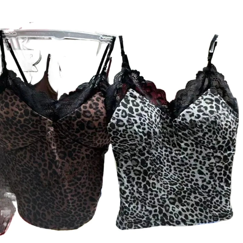Leopard Lace Patchwork Sexy Camis Summer Y2k Beach Style Elegant Bodycon Korean Fashion Clothing 2000s American Vintage Tanks