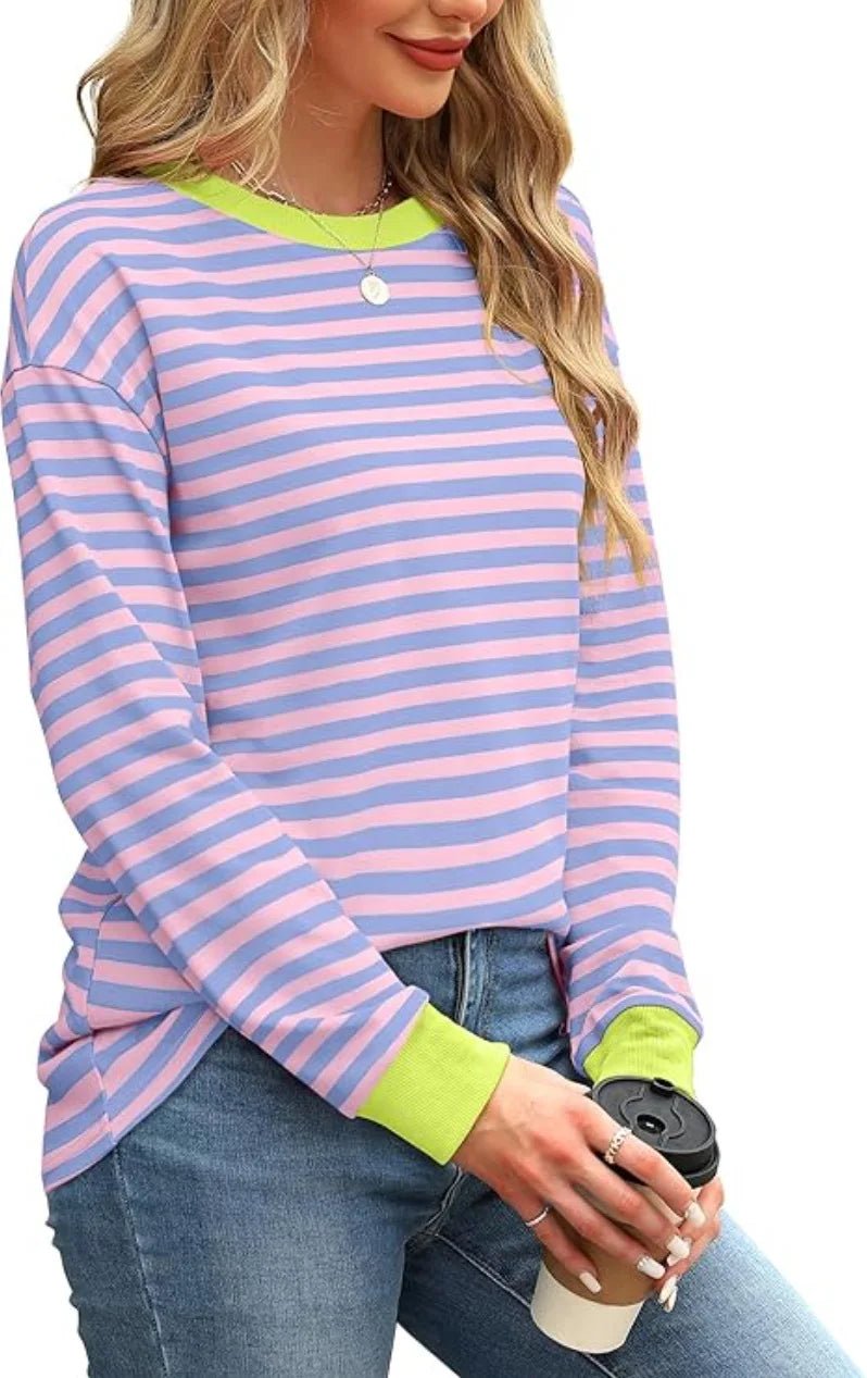 2025 Spring Women's Striped T-shirt Long Sleeve O-neck Color-blocking Fashion Top Versatile College Casual Street Tees