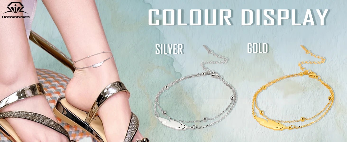 Dreamtimes  Anklets Women's Foot Chain  Feather Stainless Steel Double Foot Chain Beach Style Boho Anklet Jewellery Accessories
