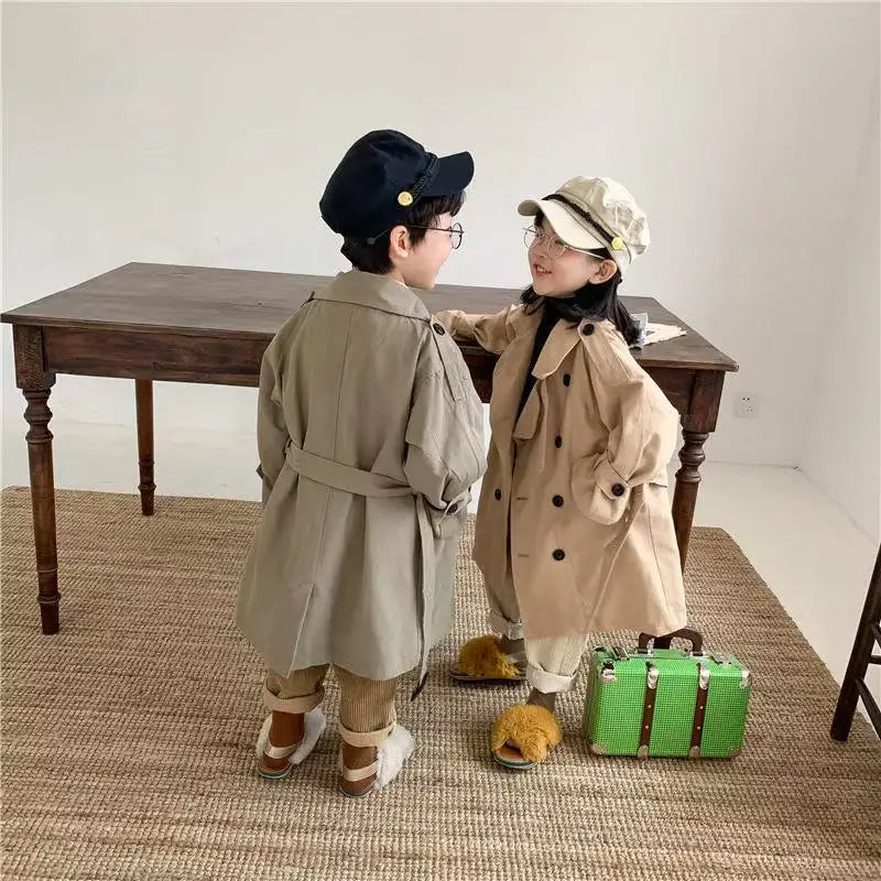Children's Trench Coat Spring Autumn Boys Girls Jacket Overcoat Long Sleeve Turn-Down Collar Windbreaker Top Kids Clothes