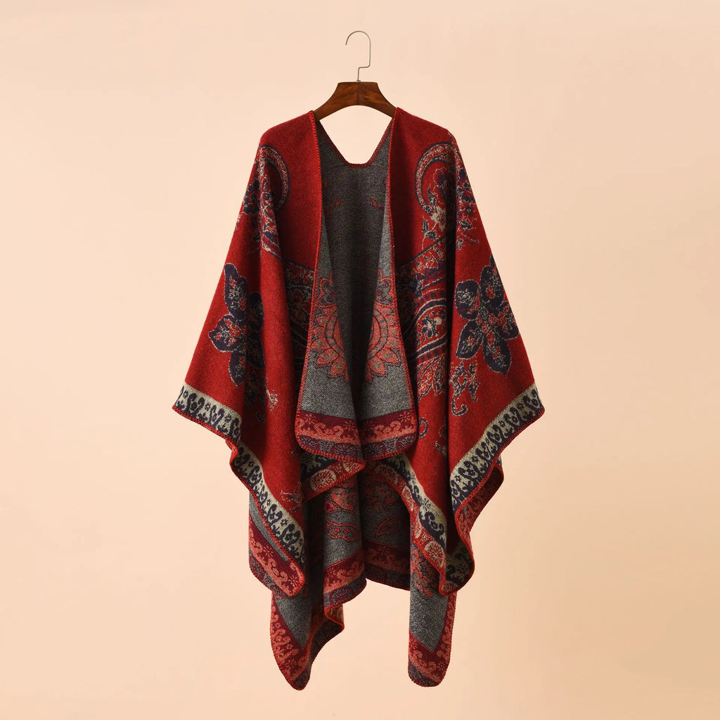 2025 Autumn Winter New Street Geometric Lattice Flower Pattern Imitation Cashmere Warm Shawl Cloak Women Poncho Capes Red