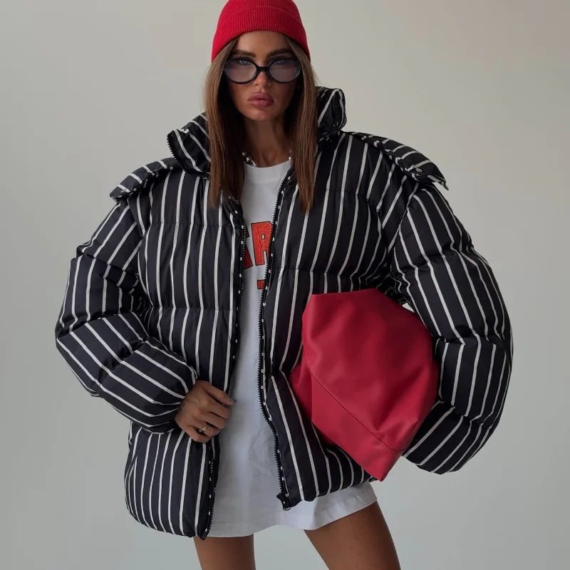 Street Drawstring Detachable Hooded Cotton Coats Women Stand Collar Full Sleeve Lace Up Slim Waist Coat 2025 Winter Warm Outwear