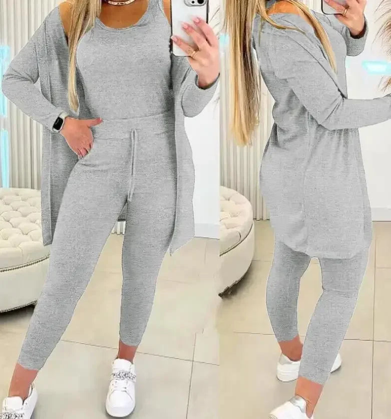 Ensemble trois pièces pour femmes, Cardigan, haut et pantalon, couleur unie, Simple, mode voyage, rue, été 2024