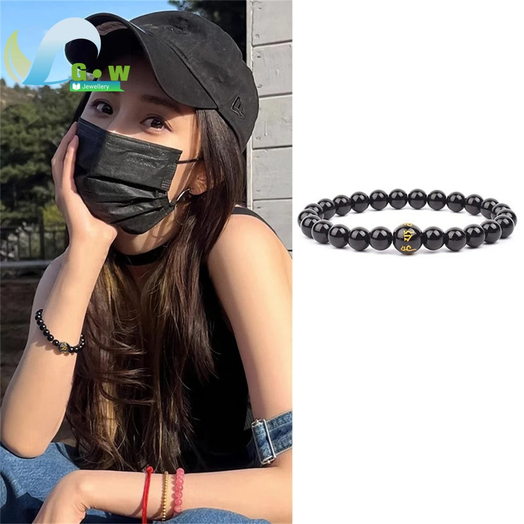 Lucky Natural Black Jade Carved Six-Character Motto Obsidian Transfer Bracelet For Men Women Gift Couple Bracelet Jewelry Gift