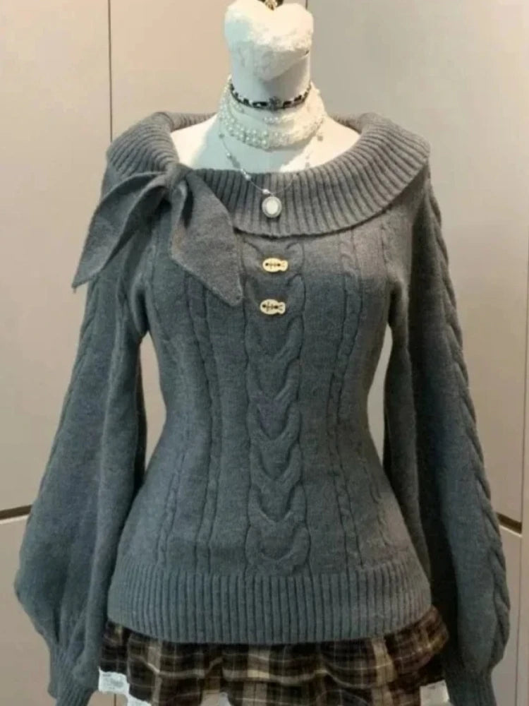 Women's Off-the-Shoulder Bow Sweater – Y2K Sexy & Elegant Autumn Winter Knit