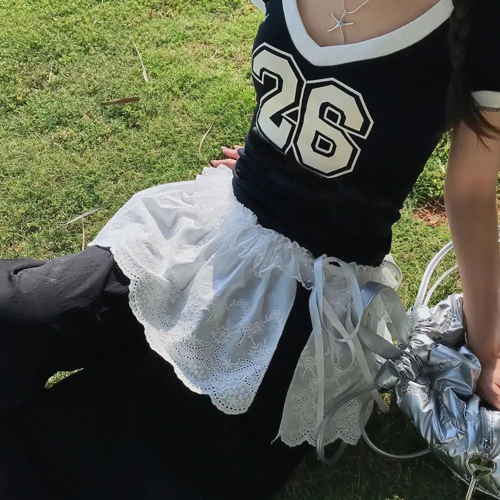 New Embroidered Flower Lace Mini Skirt See Through Y2K Streetwear Ruched Skirts Harajuku Butt Curtain Jeans Decoration