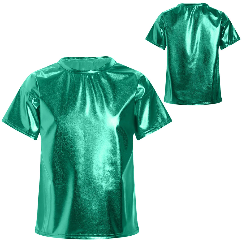 Children T-Shirt Shiny Metallic Short Sleeve Clothes Girl Boys Kids T-Shirt Hip Hop Jazz Dance Costume Top Performance Dancewear