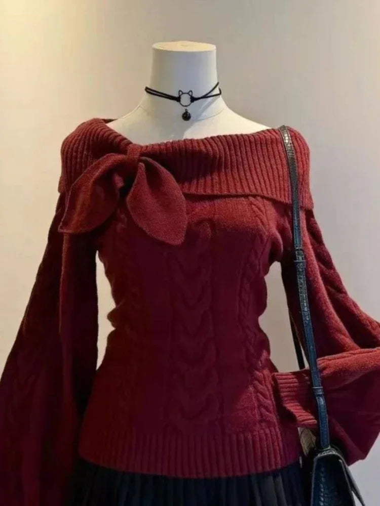 Pull Épaules Dénudées Nœud Femme – Tricot Y2K Sexy & Élégant Automne Hiver