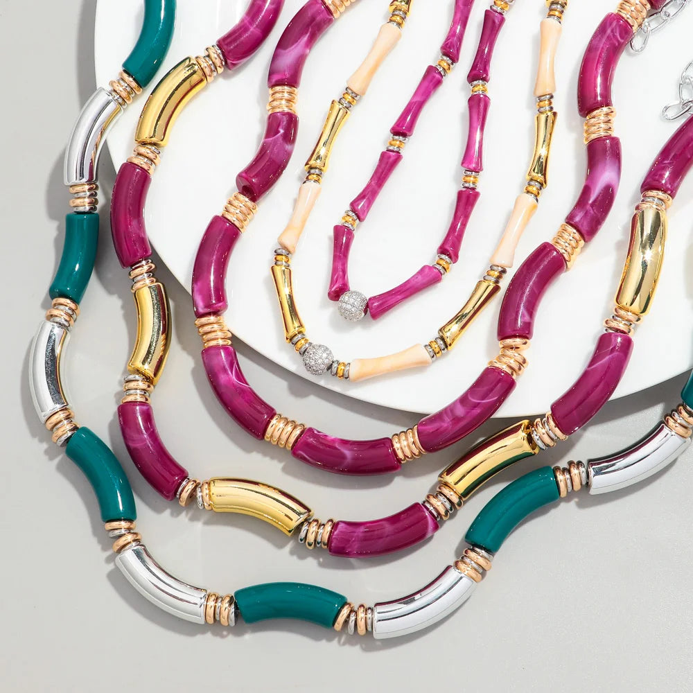 Boho Acrylic Bamboo Curved Tube Stackable Necklaces Bracelet for Women Men HipHop Resin Elbow Beads Choker Necklace 2024 Jewelry