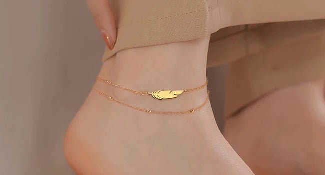 Dreamtimes  Anklets Women's Foot Chain  Feather Stainless Steel Double Foot Chain Beach Style Boho Anklet Jewellery Accessories