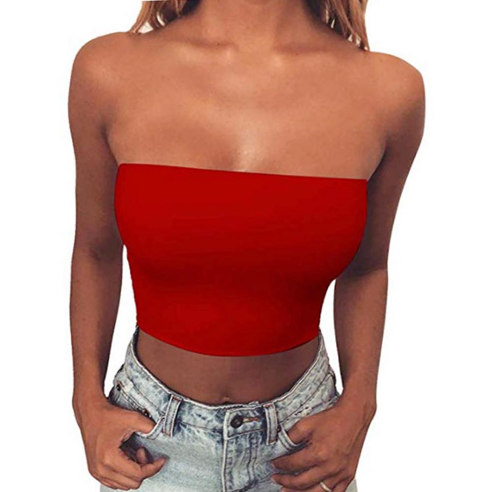 Club Bar Women Sexy Solid Color Vest Strapless Cropped Mini Bustier Slim Elastic Tube Top