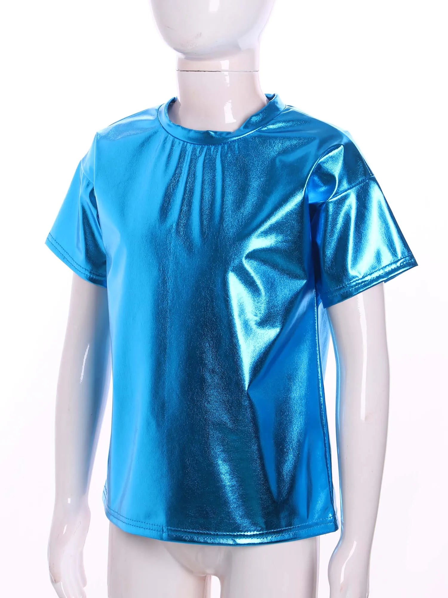 Children T-Shirt Shiny Metallic Short Sleeve Clothes Girl Boys Kids T-Shirt Hip Hop Jazz Dance Costume Top Performance Dancewear