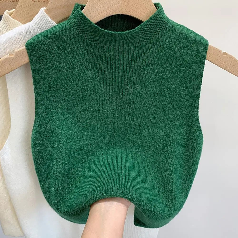 Hot Women's Vest Knitted Tank Top Solid Color Slim Sweater Half-turtleneck Spring Autumn Sleeveless T-Shirt Cropped Top Camisole