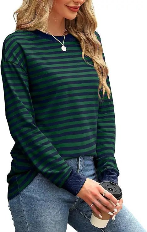 2025 Spring Women's Striped T-shirt Long Sleeve O-neck Color-blocking Fashion Top Versatile College Casual Street Tees