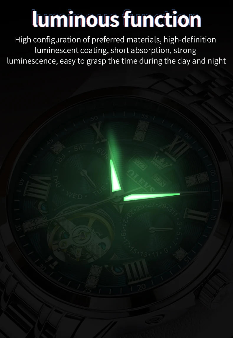 OLEVS montres pour hommes Skeketon volant automatique mécanique montre-bracelet originale pour homme étanche lumineux calendrier perpétuel